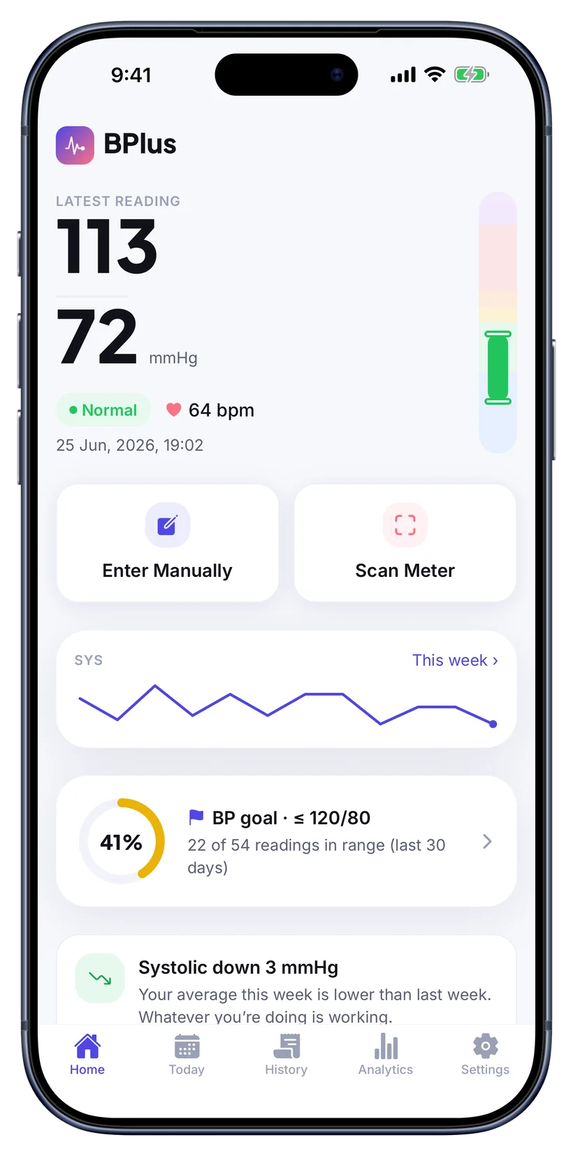 BPlus home screen showing the latest reading of 113 over 72 mmHg, marked Normal, with a 64 bpm pulse and a weekly systolic trend.